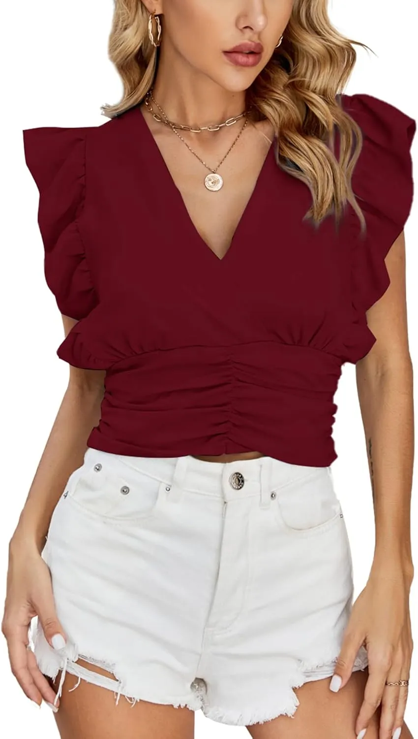 LYANER Womens Wrap V Neck Ruffle Cap Sleeve Crop Top Shirred Hem Sleeveless Blouse Tank Top