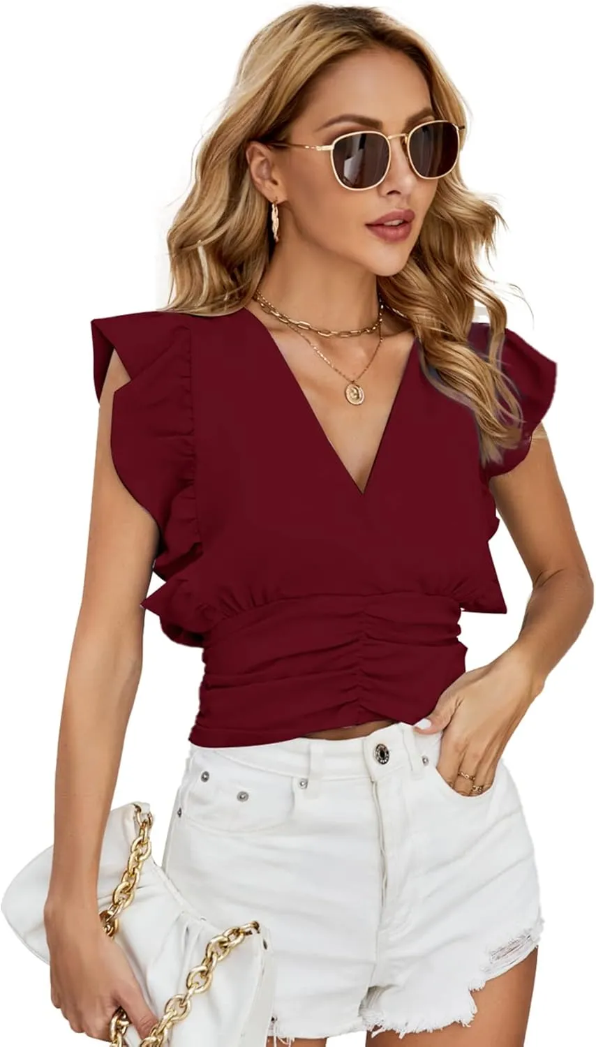 LYANER Womens Wrap V Neck Ruffle Cap Sleeve Crop Top Shirred Hem Sleeveless Blouse Tank Top