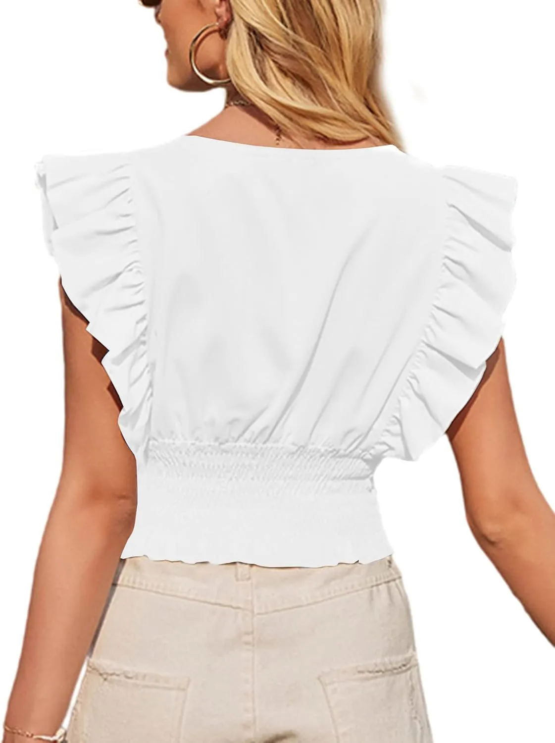 LYANER Womens Wrap V Neck Ruffle Cap Sleeve Crop Top Shirred Hem Sleeveless Blouse Tank Top