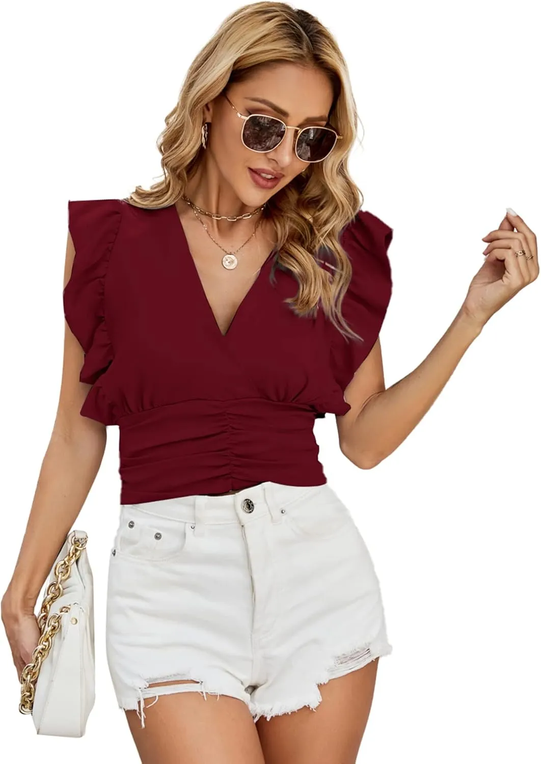 LYANER Womens Wrap V Neck Ruffle Cap Sleeve Crop Top Shirred Hem Sleeveless Blouse Tank Top