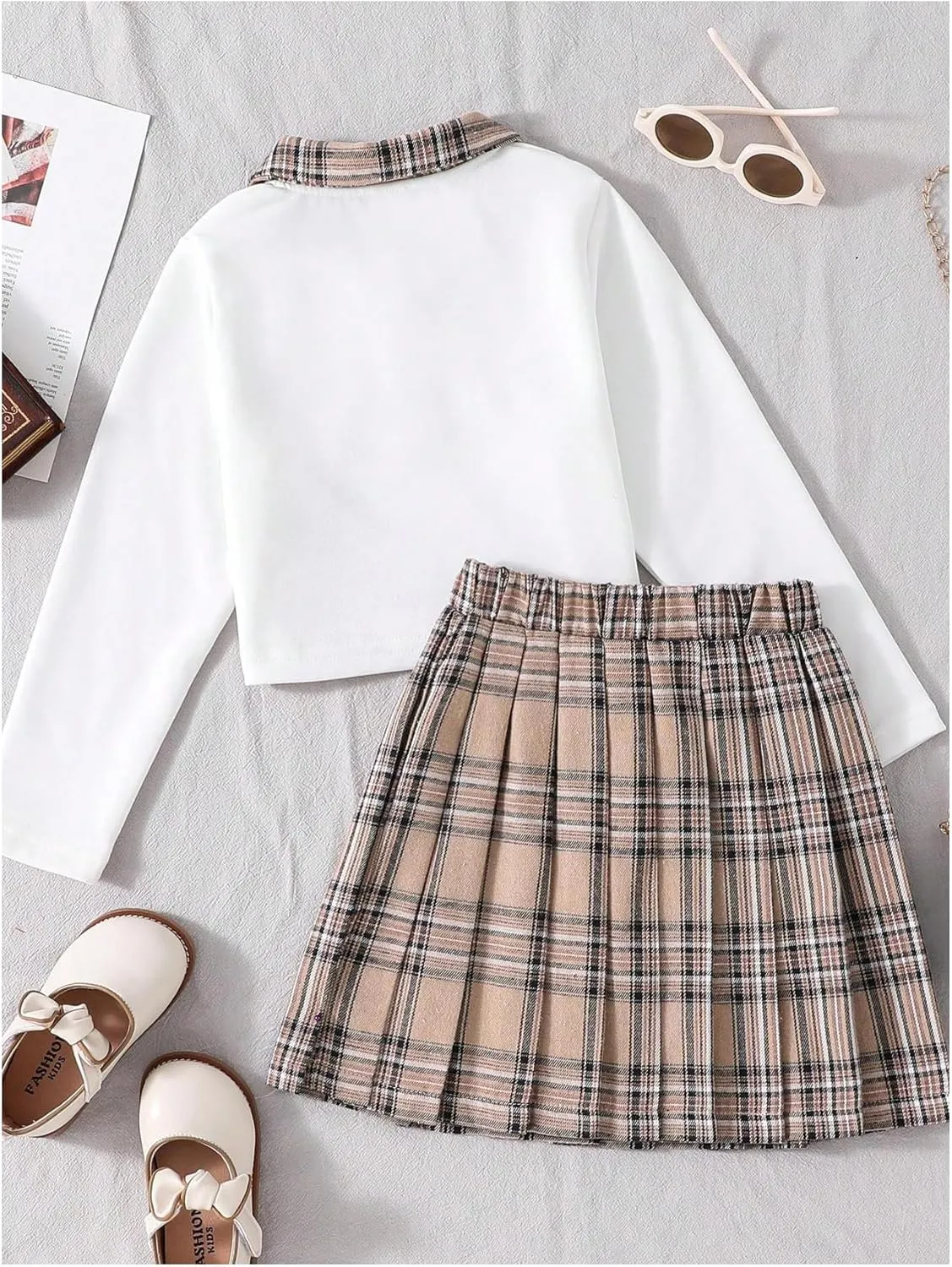 MakeMeChic Girl's Two Piece Outfits Plaid Long Sleeve Sweatshirt and Pleated A Line Mini Skater Skirt Set