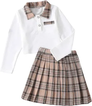 MakeMeChic Girl's Two Piece Outfits Plaid Long Sleeve Sweatshirt and Pleated A Line Mini Skater Skirt Set