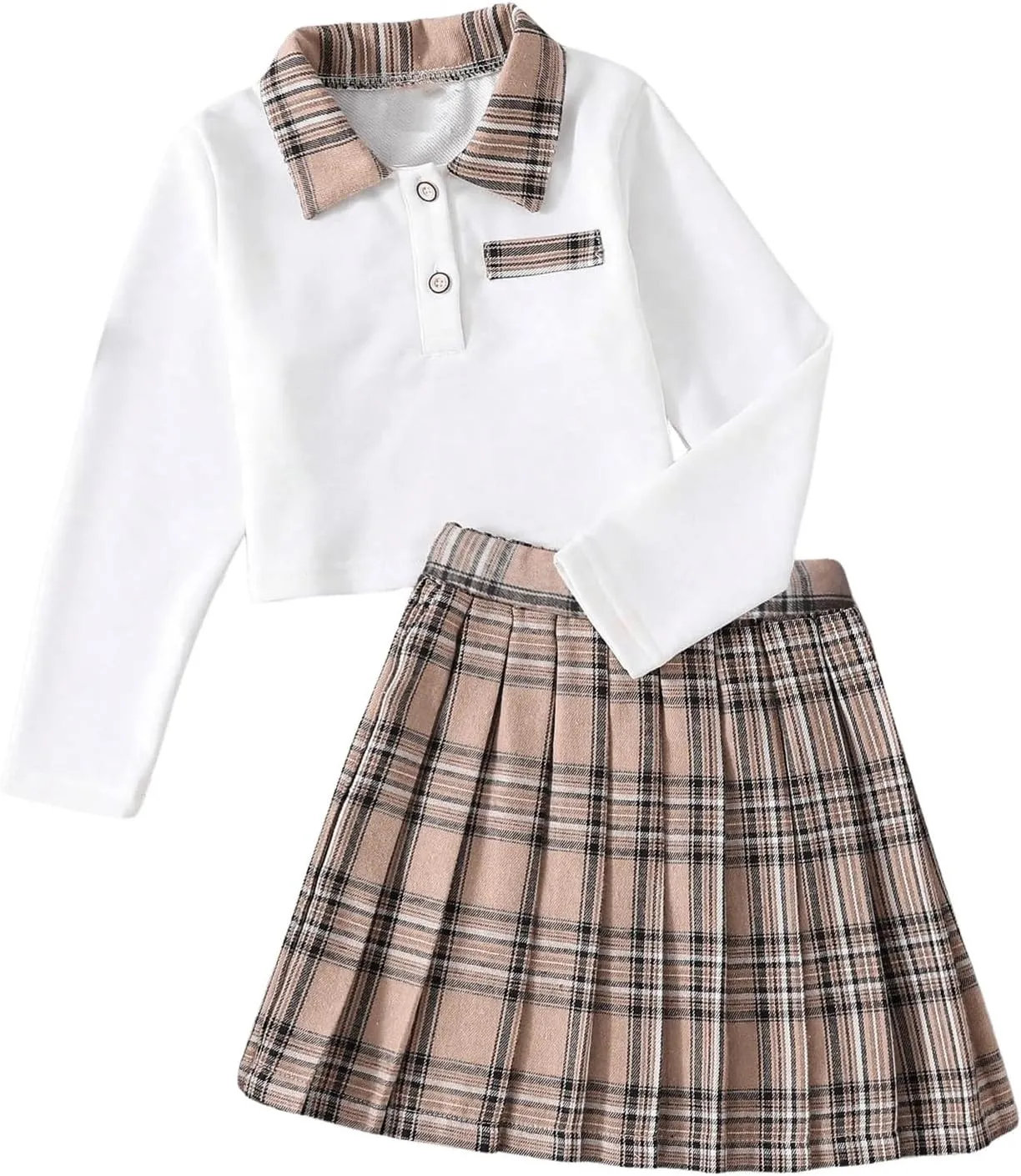 MakeMeChic Girl's Two Piece Outfits Plaid Long Sleeve Sweatshirt and Pleated A Line Mini Skater Skirt Set
