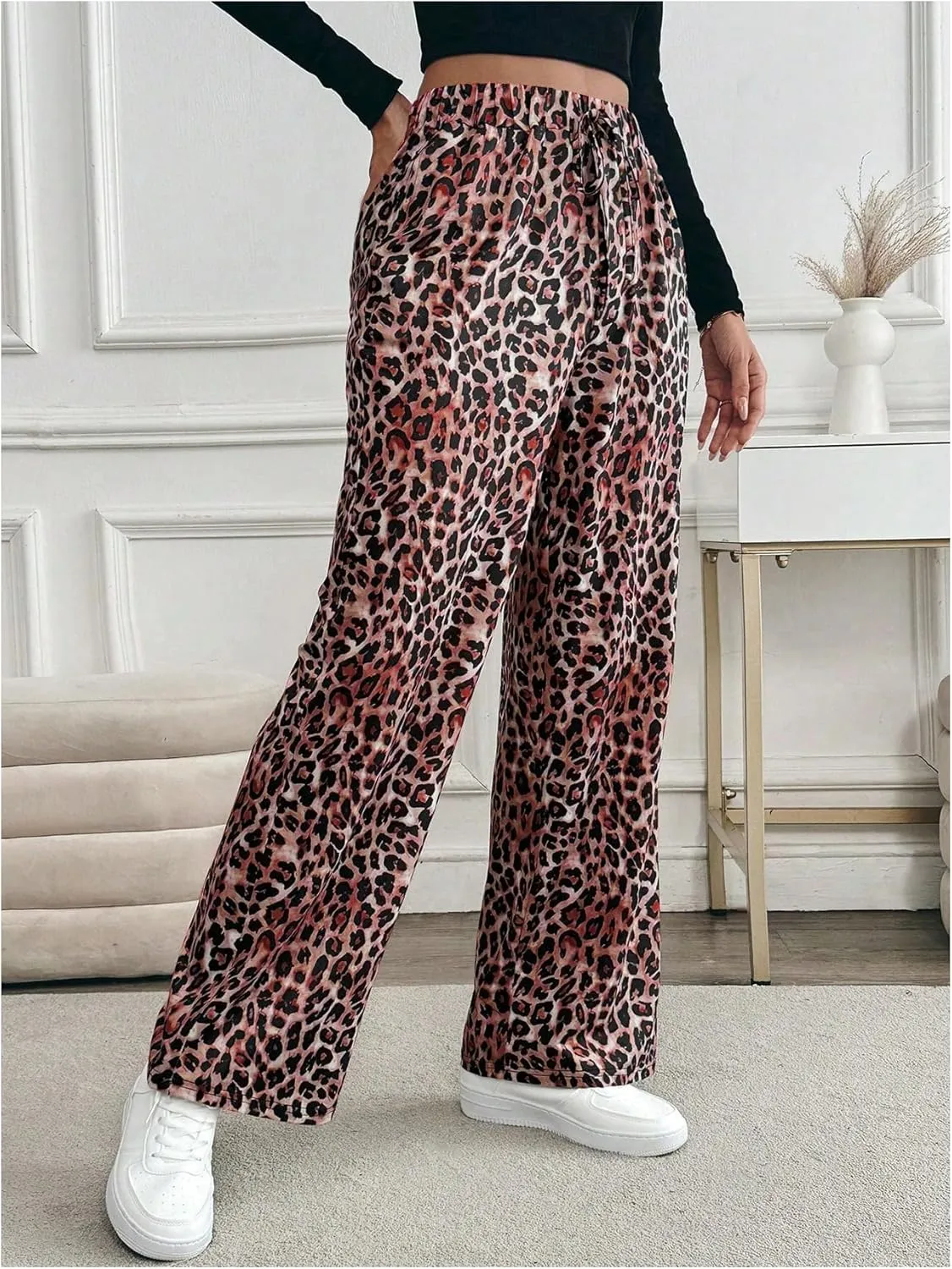 MakeMeChic Women's Leopard Print Pants Elastic Waist Lounge Pants Wide Leg Loose Long Pajama Pants
