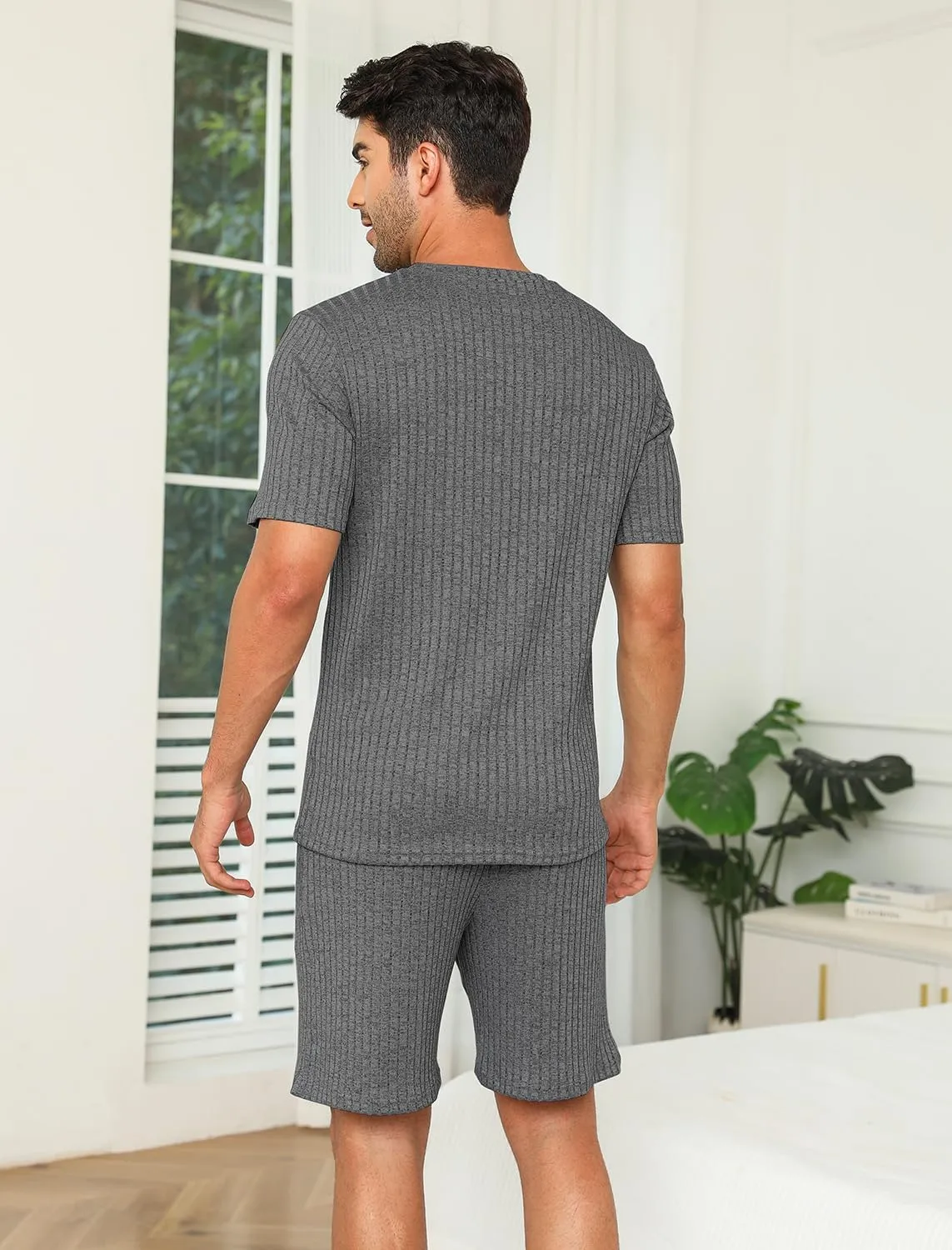 Matching Pajamas for Couples Ribbed Knit Lounge Set Soft Short Sleeve 2 Pieces Sleepwear S-XXL