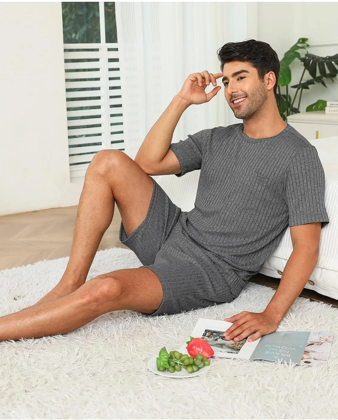 Matching Pajamas for Couples Ribbed Knit Lounge Set Soft Short Sleeve 2 Pieces Sleepwear S-XXL