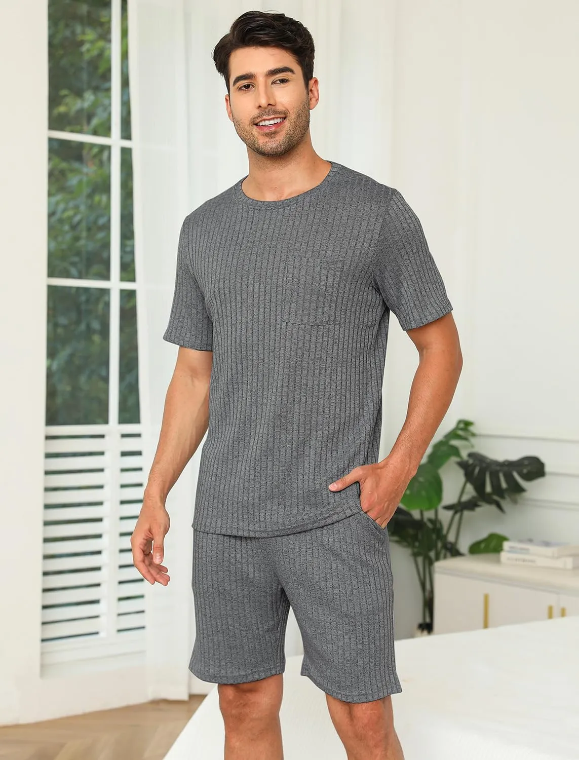 Matching Pajamas for Couples Ribbed Knit Lounge Set Soft Short Sleeve 2 Pieces Sleepwear S-XXL