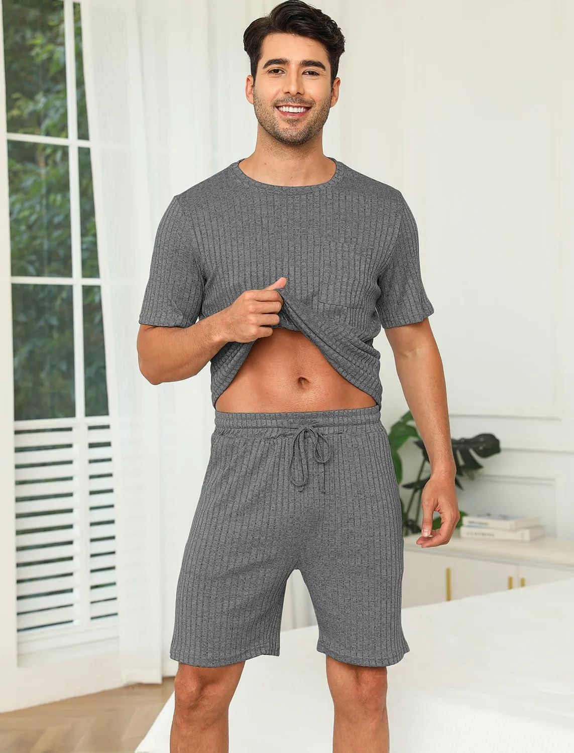 Matching Pajamas for Couples Ribbed Knit Lounge Set Soft Short Sleeve 2 Pieces Sleepwear S-XXL