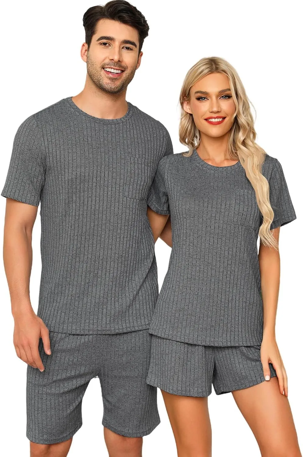Matching Pajamas for Couples Ribbed Knit Lounge Set Soft Short Sleeve 2 Pieces Sleepwear S-XXL