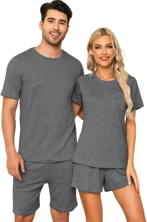 Matching Pajamas for Couples Ribbed Knit Lounge Set Soft Short Sleeve 2 Pieces Sleepwear S-XXL