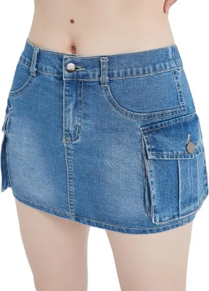Mebius Women's Low Rise Mini Cargo Skirt Denim Jean Bodycon Button Y2K Short Micro Skirts with Pockets Sexy Cute