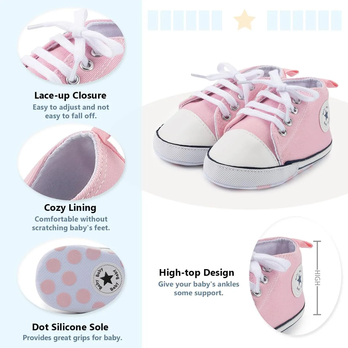 Meckior Baby Girls Boys Canvas Sneakers Soft Sole High-Top Ankle Infant First Walkers Crib Shoes