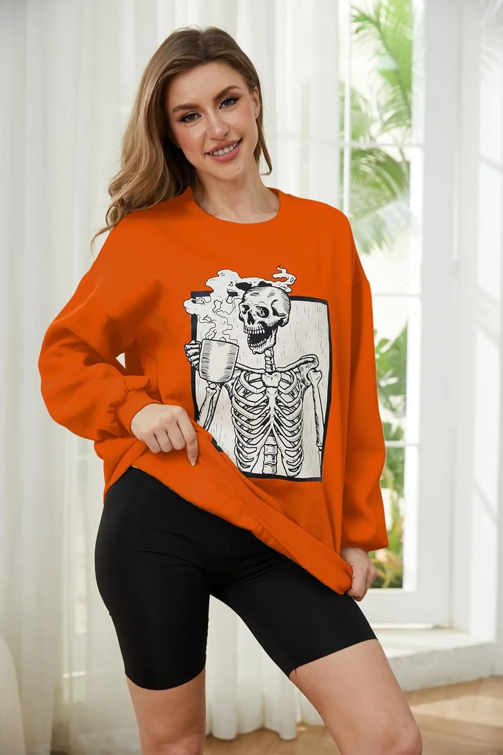 Meladyan Halloween Skull Graphic Print Fleece Oversized Sweatshirt Crewneck Long Sleeve Drop Shoulder Pullover