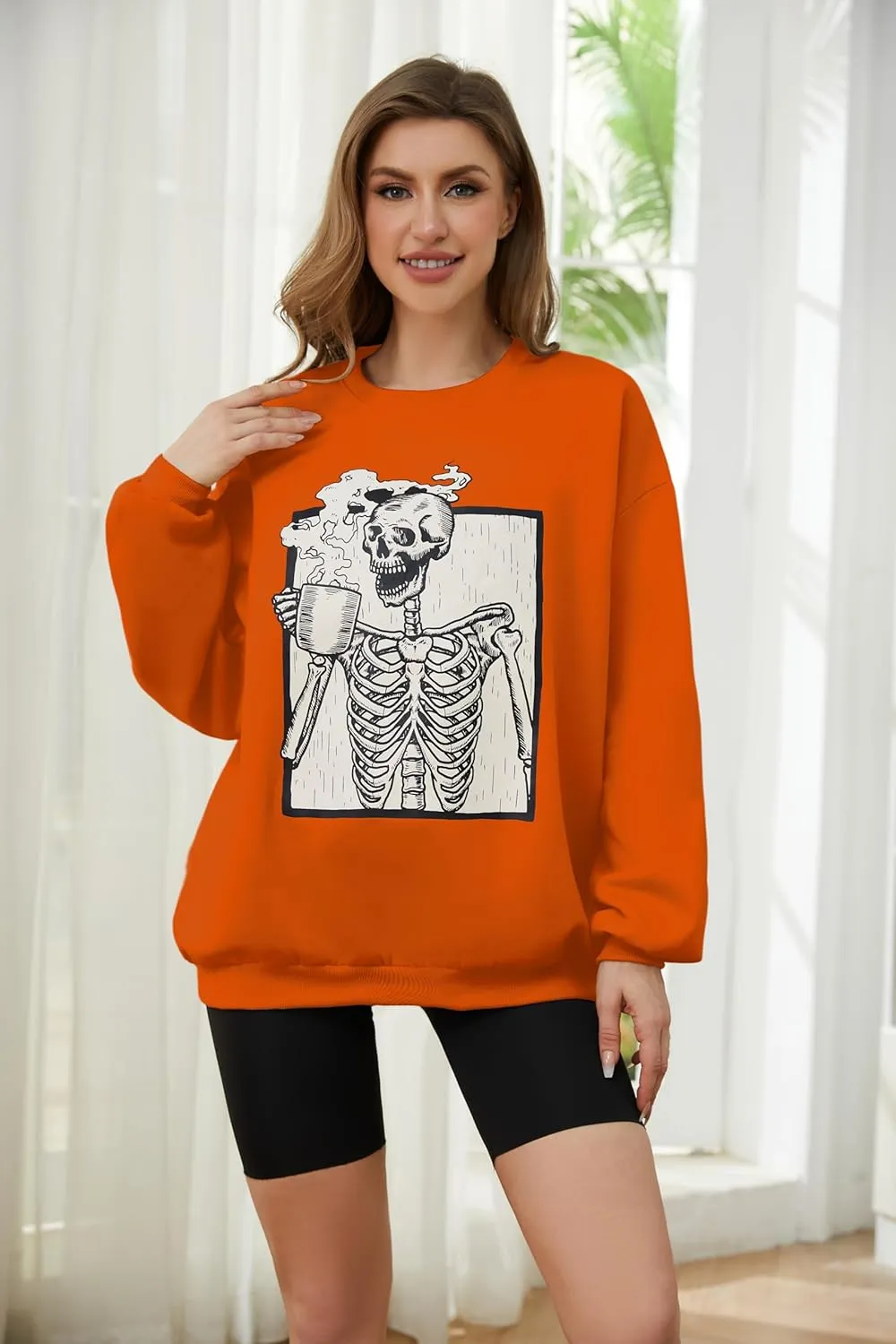 Meladyan Halloween Skull Graphic Print Fleece Oversized Sweatshirt Crewneck Long Sleeve Drop Shoulder Pullover