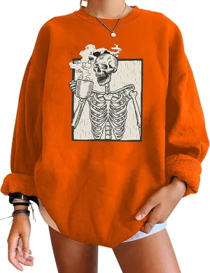 Meladyan Halloween Skull Graphic Print Fleece Oversized Sweatshirt Crewneck Long Sleeve Drop Shoulder Pullover