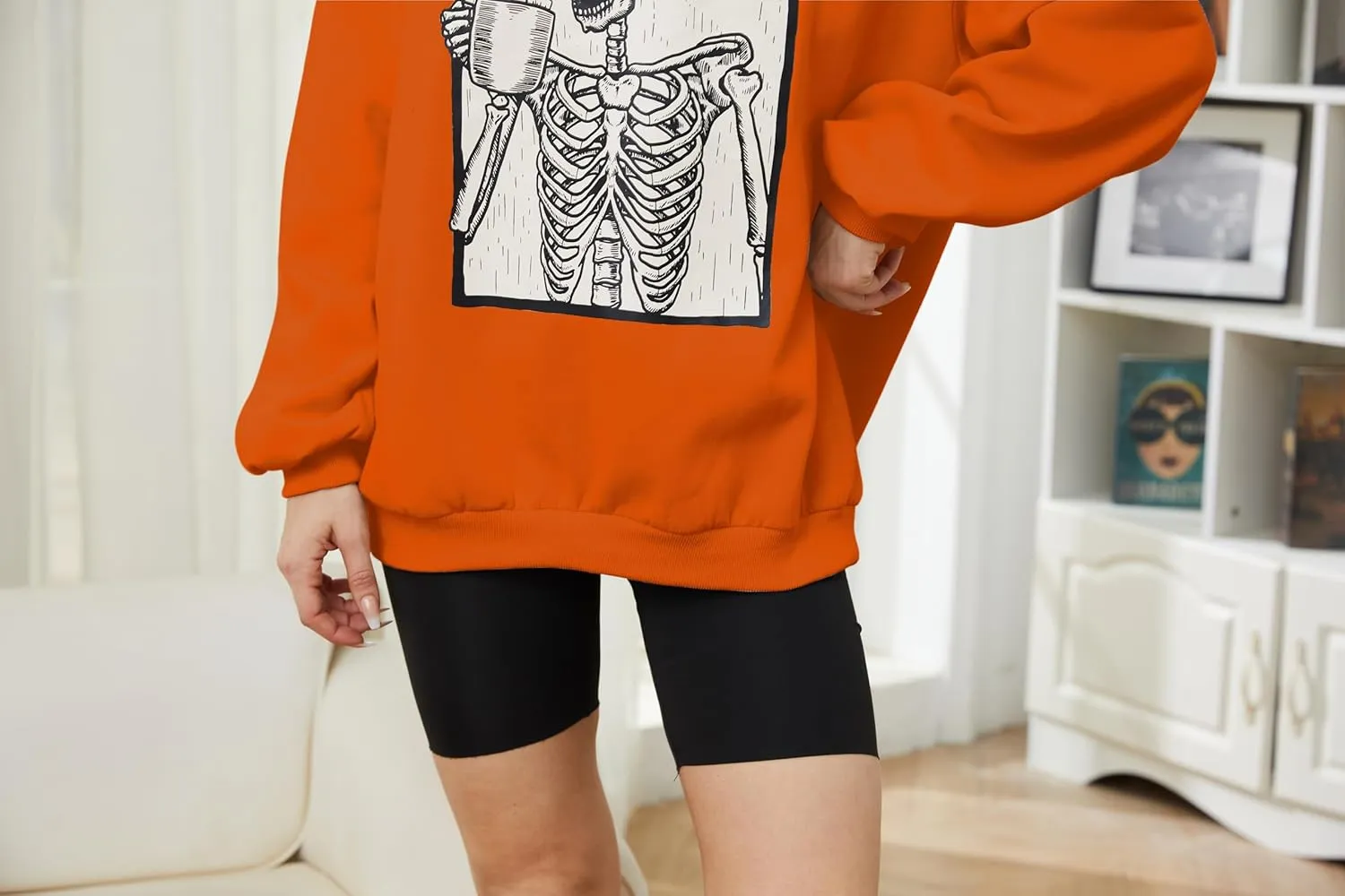 Meladyan Halloween Skull Graphic Print Fleece Oversized Sweatshirt Crewneck Long Sleeve Drop Shoulder Pullover