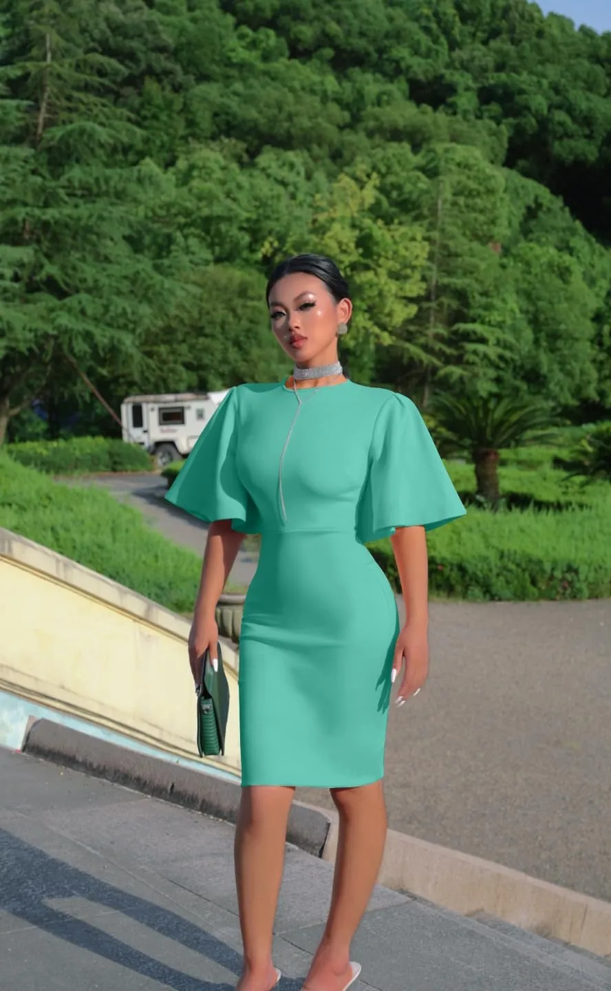 Memoriesea Women's Basic Bodycon Ruffle Flared Short Sleeve Pencil Midi Dress