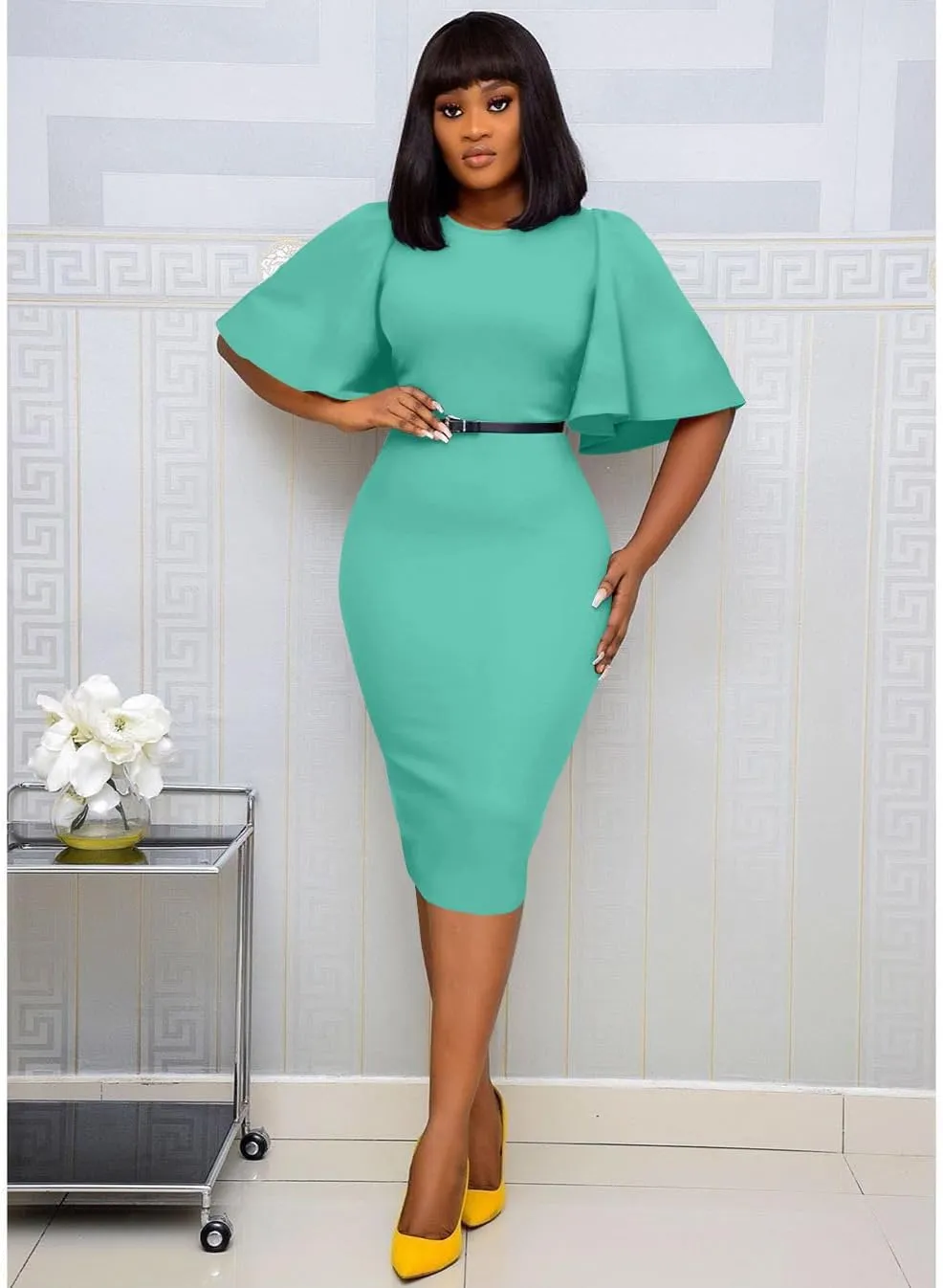 Memoriesea Women's Basic Bodycon Ruffle Flared Short Sleeve Pencil Midi Dress