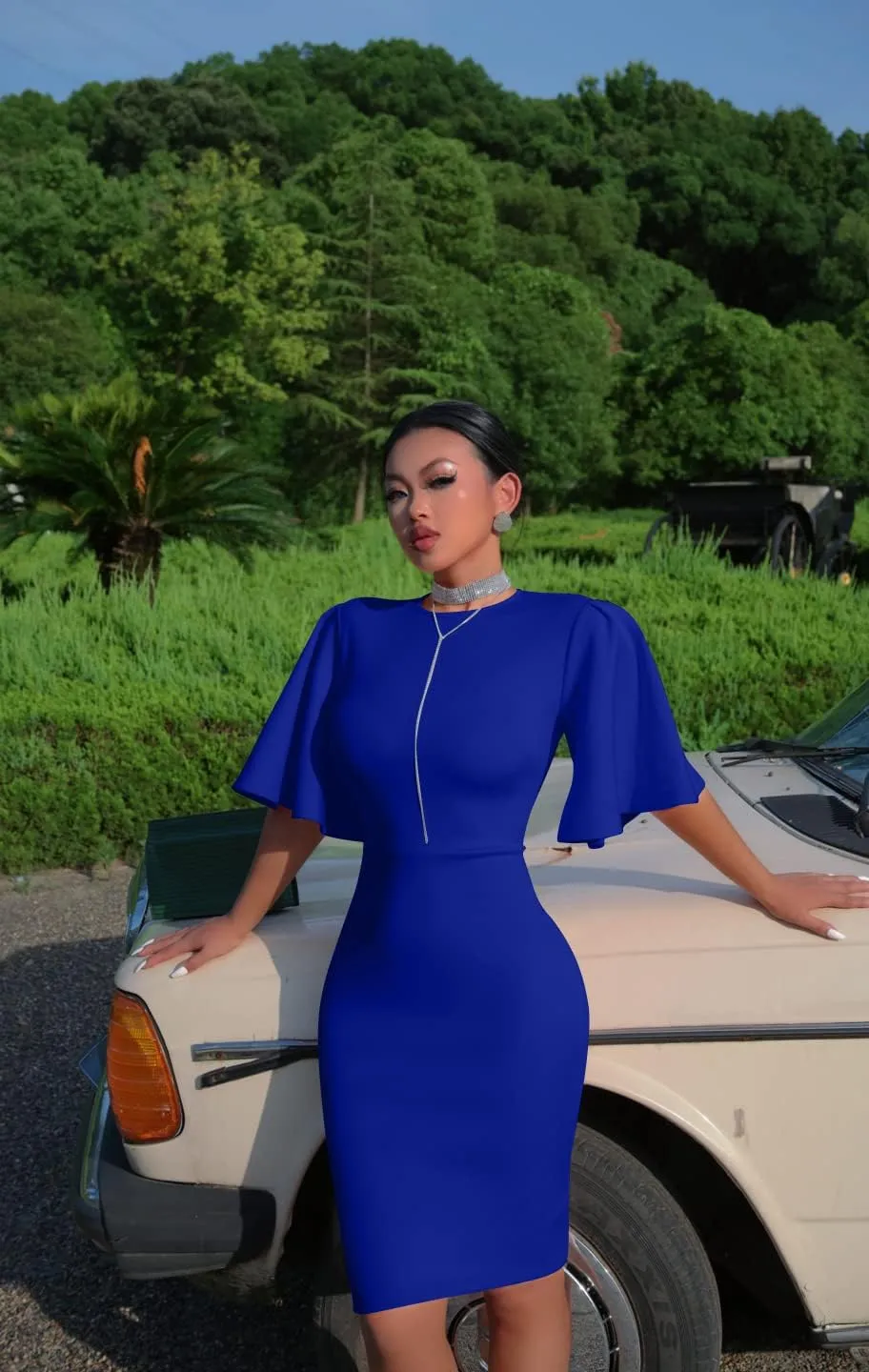 Memoriesea Women's Basic Bodycon Ruffle Flared Short Sleeve Pencil Midi Dress