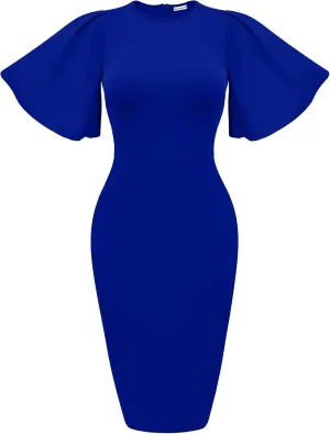 Memoriesea Women's Basic Bodycon Ruffle Flared Short Sleeve Pencil Midi Dress