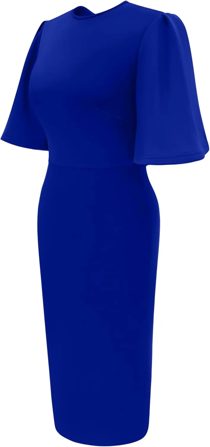 Memoriesea Women's Basic Bodycon Ruffle Flared Short Sleeve Pencil Midi Dress