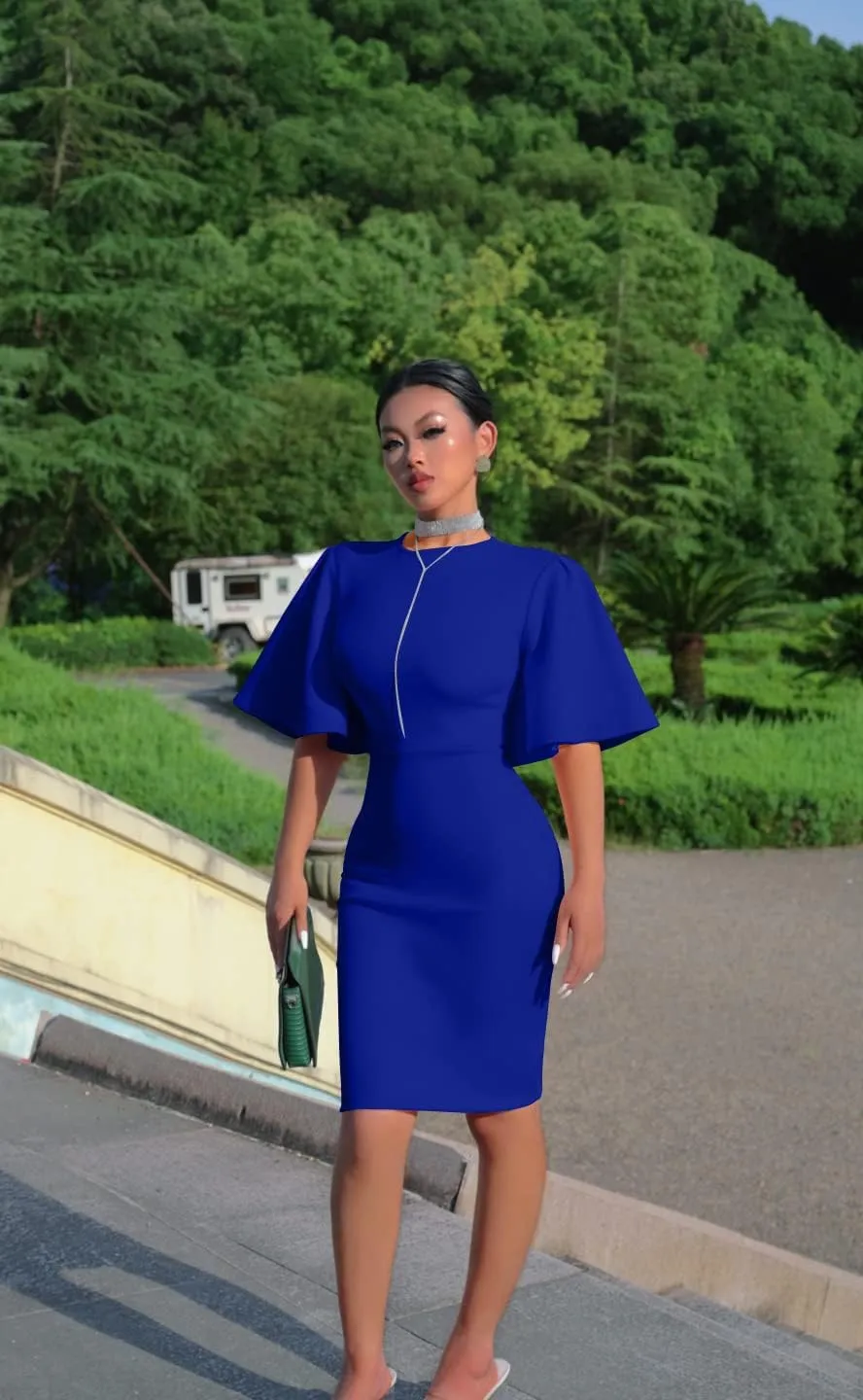 Memoriesea Women's Basic Bodycon Ruffle Flared Short Sleeve Pencil Midi Dress