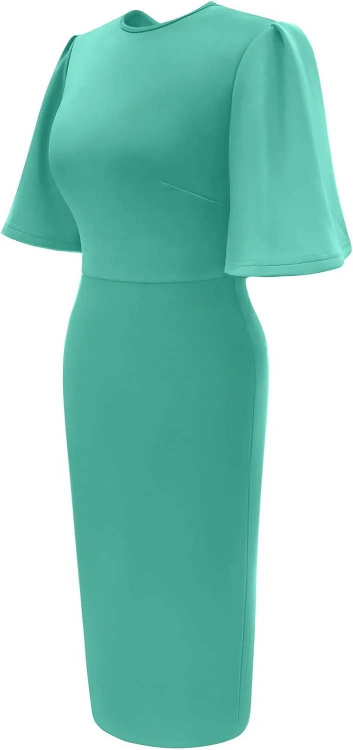Memoriesea Women's Basic Bodycon Ruffle Flared Short Sleeve Pencil Midi Dress