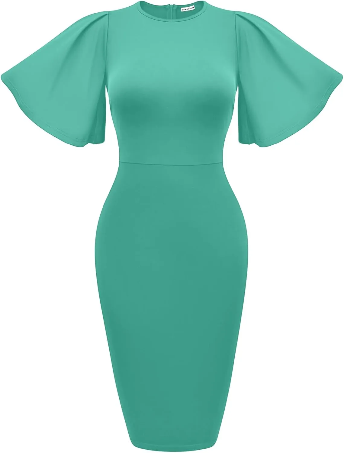 Memoriesea Women's Basic Bodycon Ruffle Flared Short Sleeve Pencil Midi Dress