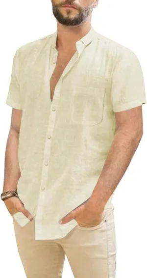 Mens Casual Linen Button Down Short Sleeve Shirts Beach Summer Spread Collar Pocket Tops