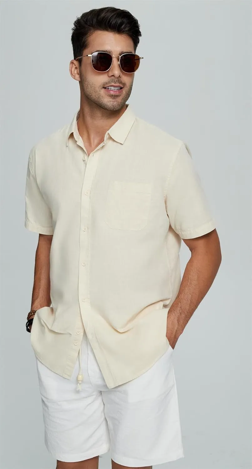 Mens Casual Linen Button Down Short Sleeve Shirts Beach Summer Spread Collar Pocket Tops