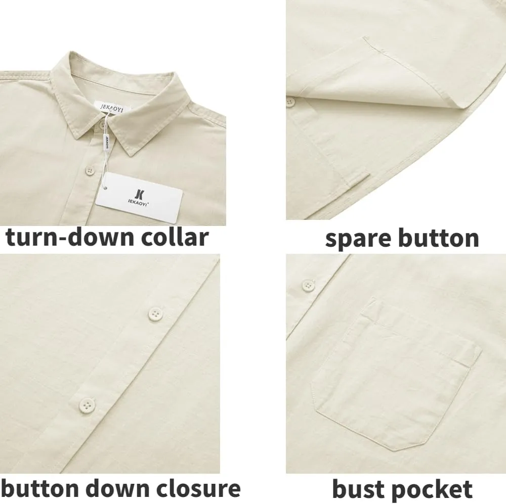 Mens Casual Linen Button Down Short Sleeve Shirts Beach Summer Spread Collar Pocket Tops