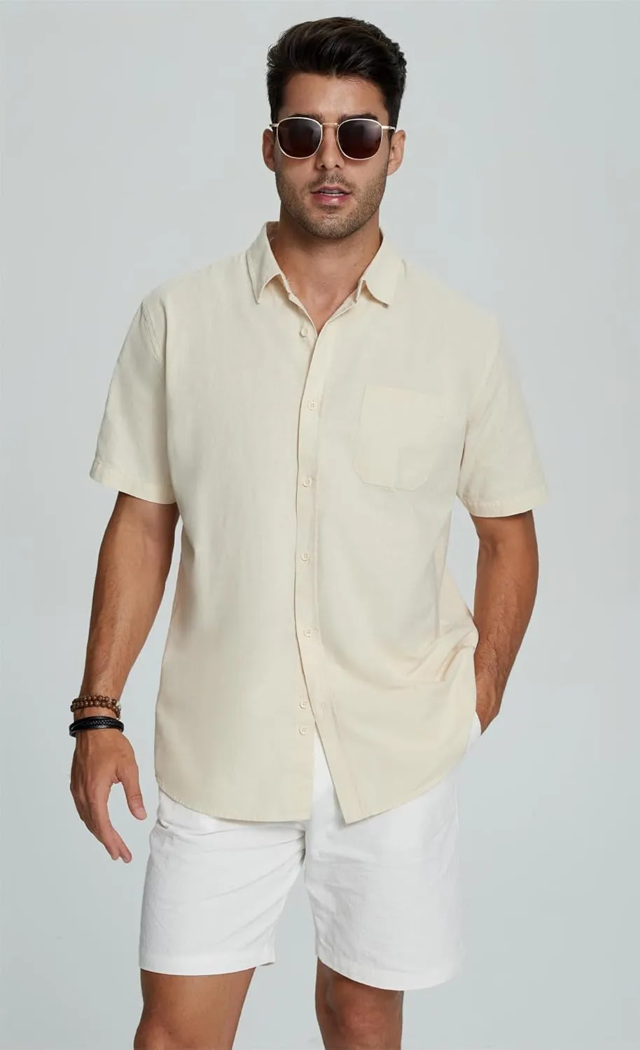 Mens Casual Linen Button Down Short Sleeve Shirts Beach Summer Spread Collar Pocket Tops