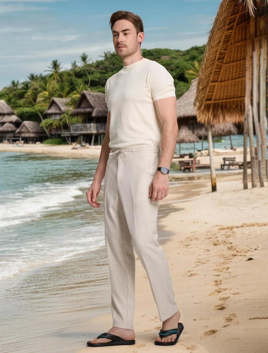 Men's Casual Pants Linen Drawstring Elastic Waist Loose Fit Men Dress Pants Summer Travel Beach Yoga Jog Trouser