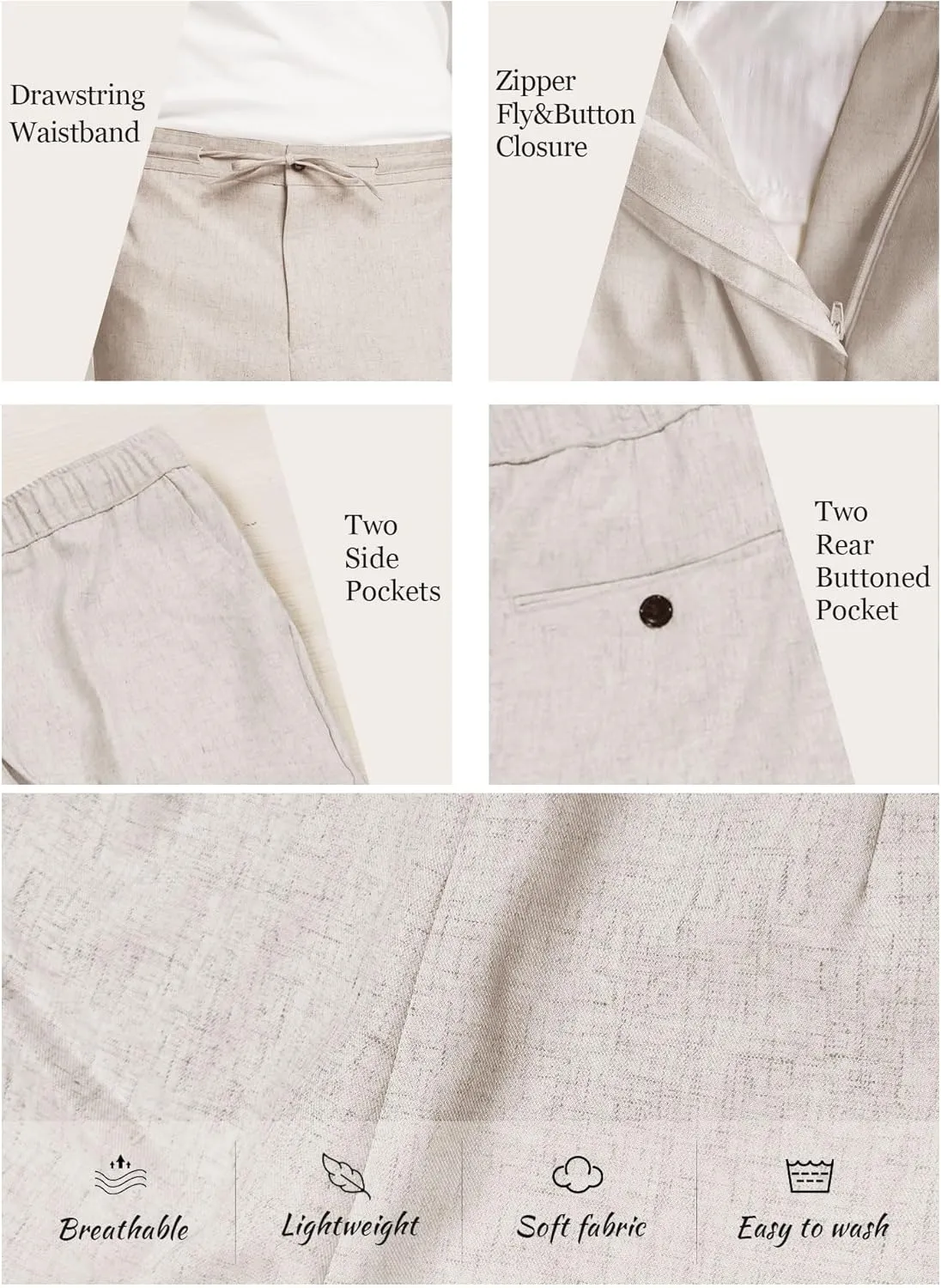 Men's Casual Pants Linen Drawstring Elastic Waist Loose Fit Men Dress Pants Summer Travel Beach Yoga Jog Trouser