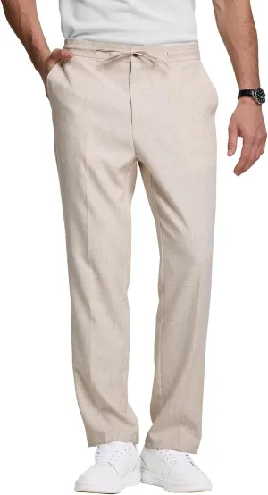 Men's Casual Pants Linen Drawstring Elastic Waist Loose Fit Men Dress Pants Summer Travel Beach Yoga Jog Trouser
