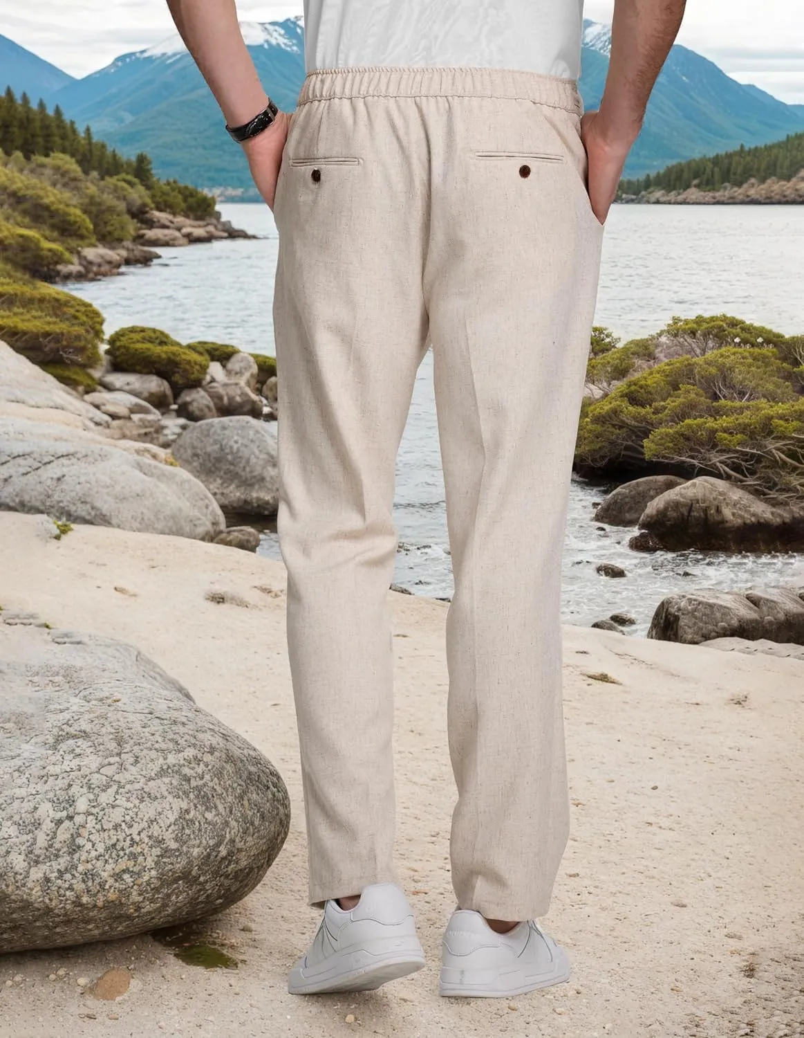 Men's Casual Pants Linen Drawstring Elastic Waist Loose Fit Men Dress Pants Summer Travel Beach Yoga Jog Trouser