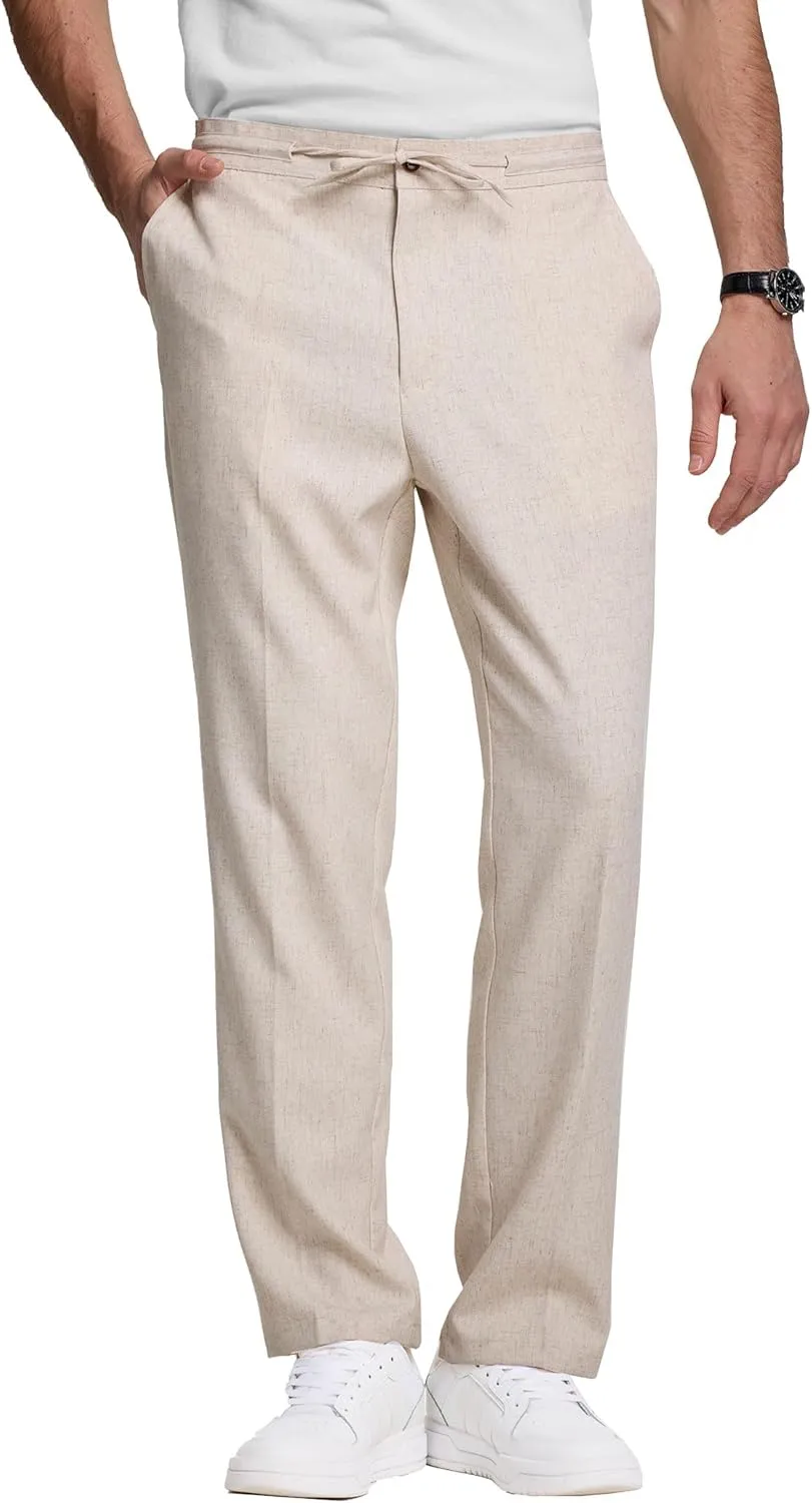 Men's Casual Pants Linen Drawstring Elastic Waist Loose Fit Men Dress Pants Summer Travel Beach Yoga Jog Trouser