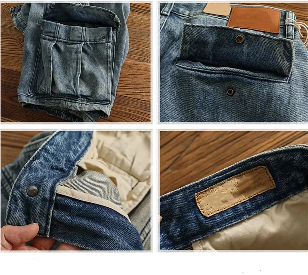 MenS Classic Denim Shorts Straight Fit Knee Length Zipper Fly Casual Multi-Pocket Cargo Shorts Washed Jeans
