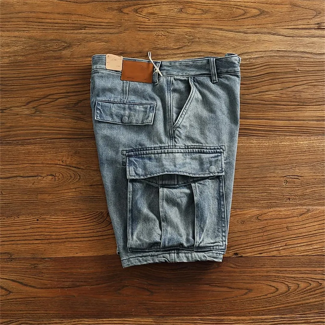 MenS Classic Denim Shorts Straight Fit Knee Length Zipper Fly Casual Multi-Pocket Cargo Shorts Washed Jeans
