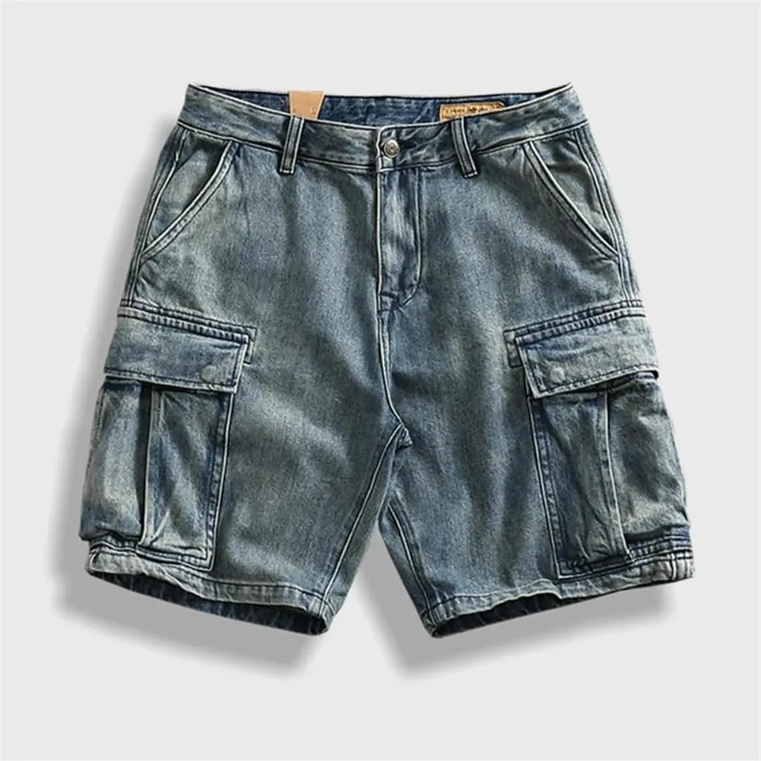 MenS Classic Denim Shorts Straight Fit Knee Length Zipper Fly Casual Multi-Pocket Cargo Shorts Washed Jeans