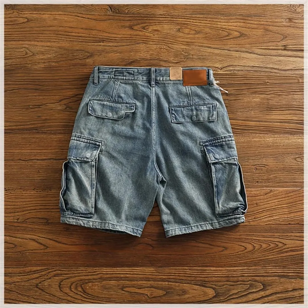MenS Classic Denim Shorts Straight Fit Knee Length Zipper Fly Casual Multi-Pocket Cargo Shorts Washed Jeans
