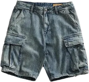 MenS Classic Denim Shorts Straight Fit Knee Length Zipper Fly Casual Multi-Pocket Cargo Shorts Washed Jeans