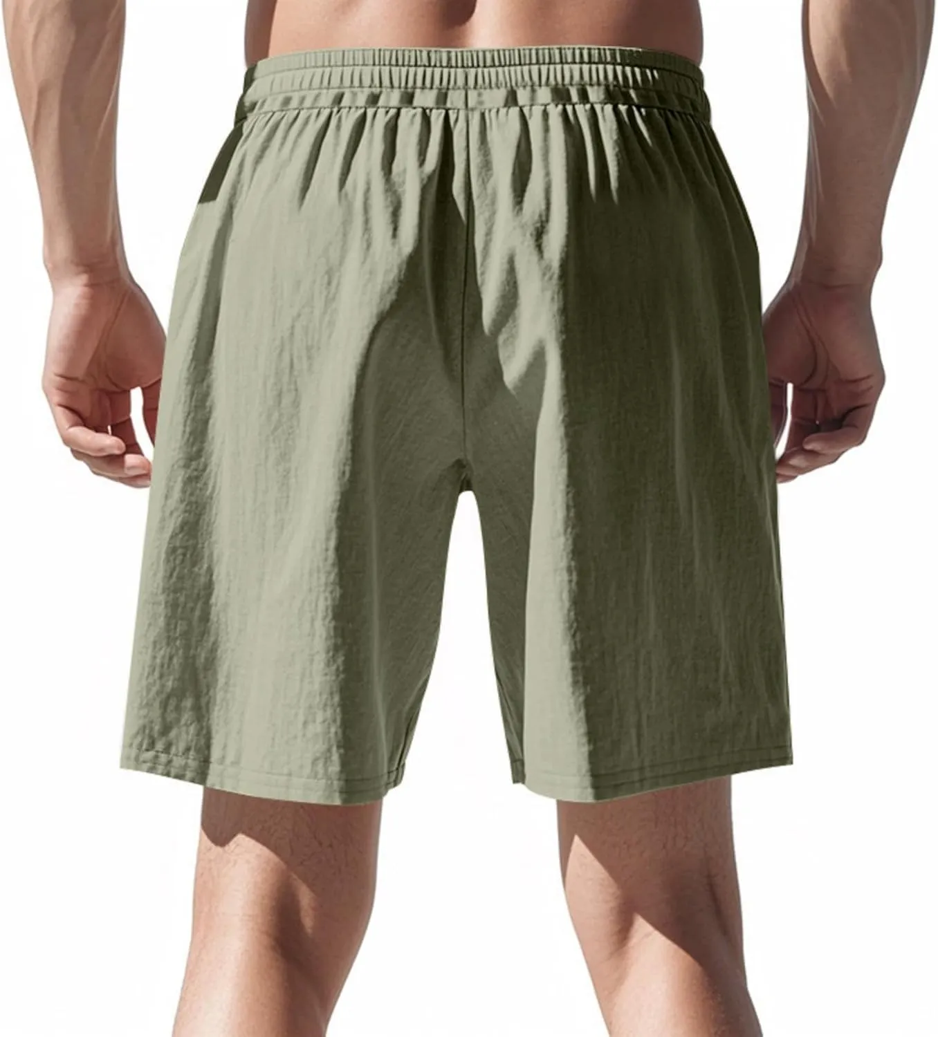 Mens Cotton Linen Shorts Casual Drawstring Elastic Waist Summer Beach Short Vacation Shorts with Pockets
