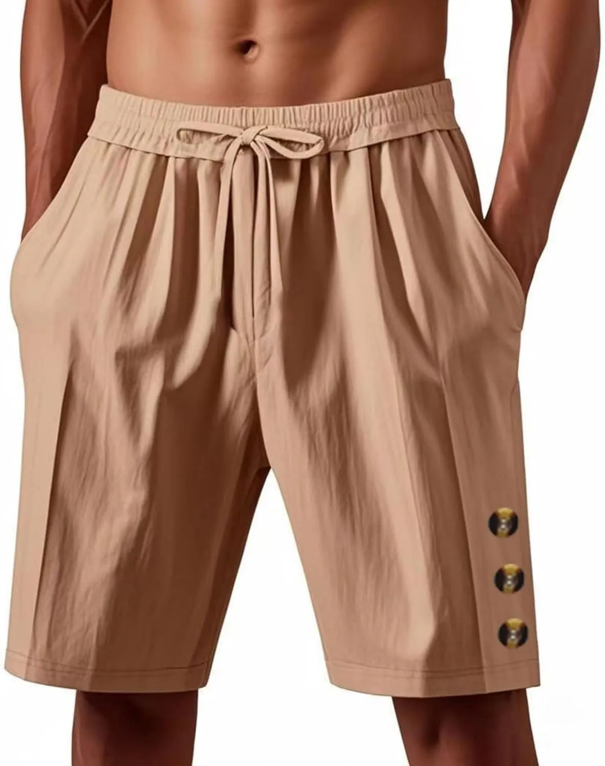 Mens Cotton Linen Shorts Casual Drawstring Elastic Waist Summer Beach Short Vacation Shorts with Pockets