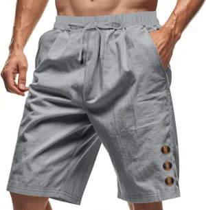 Mens Cotton Linen Shorts Casual Drawstring Elastic Waist Summer Beach Short Vacation Shorts with Pockets