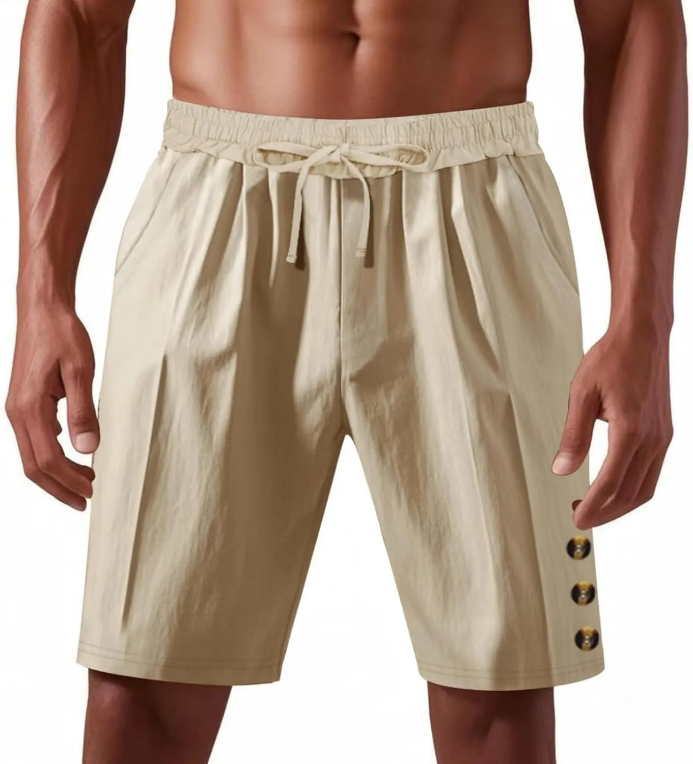 Mens Cotton Linen Shorts Casual Drawstring Elastic Waist Summer Beach Short Vacation Shorts with Pockets