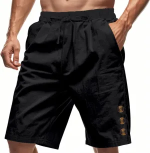 Mens Cotton Linen Shorts Casual Drawstring Elastic Waist Summer Beach Short Vacation Shorts with Pockets
