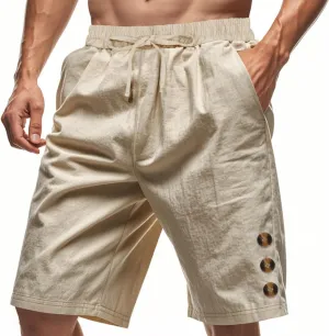 Mens Cotton Linen Shorts Casual Drawstring Elastic Waist Summer Beach Short Vacation Shorts with Pockets