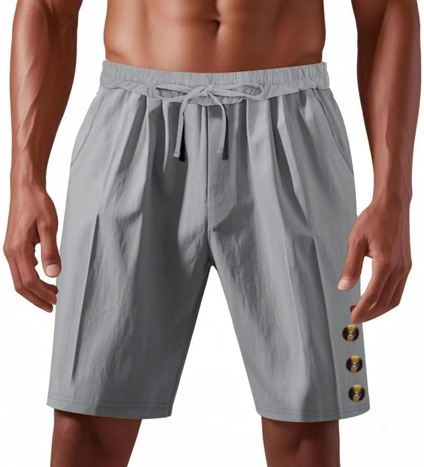 Mens Cotton Linen Shorts Casual Drawstring Elastic Waist Summer Beach Short Vacation Shorts with Pockets