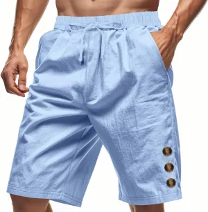 Mens Cotton Linen Shorts Casual Drawstring Elastic Waist Summer Beach Short Vacation Shorts with Pockets